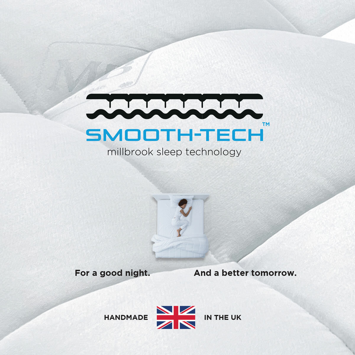 Mattress close-up showing material quality, smooth-tech technology