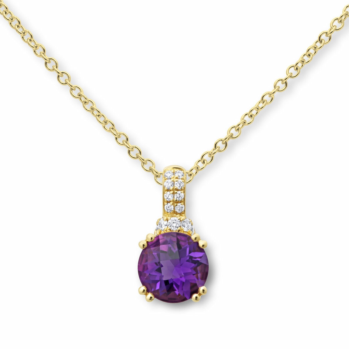 Round Cut Amethyst & 0.09ctw Diamond Pendant, 18ct Yellow Gold