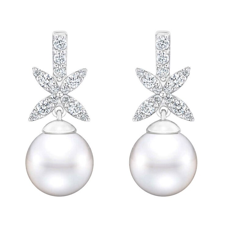 9-10mm Cultured Freshwater White Pearl & 0.45ctw Diamond Earrings, 14ct White Gold