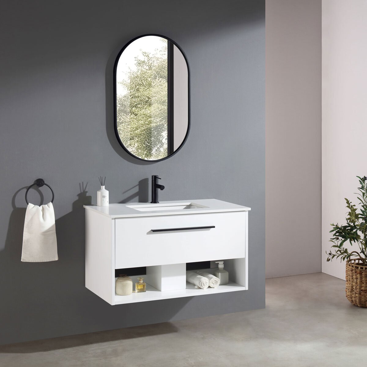 Angled lifestyle of OVE Camila 910mm in matte white