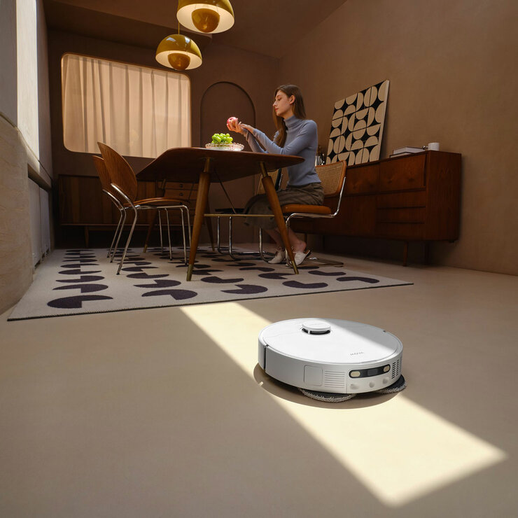 Lifestyle image of MOVA E30 Ultra Robot Vacuum cleaning in kitchen area