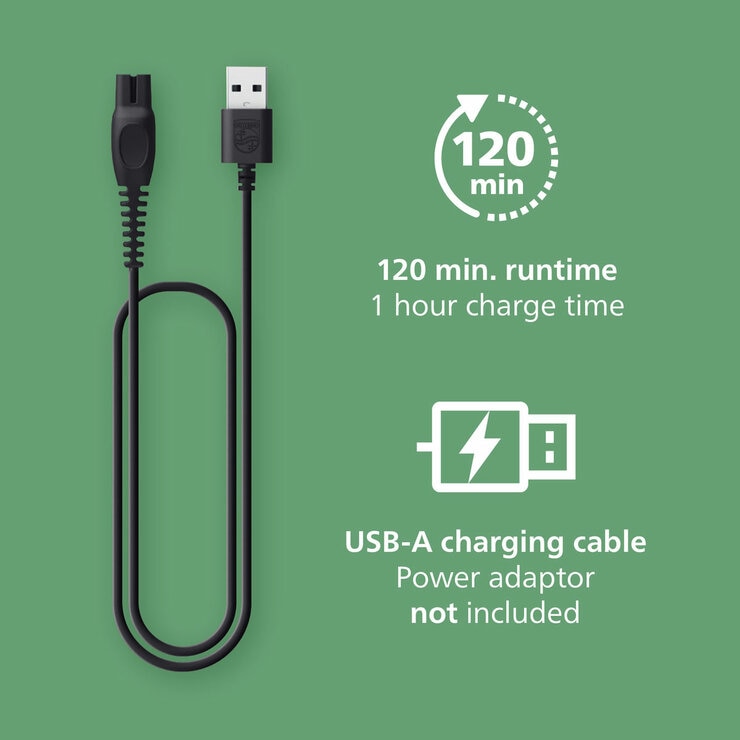 Lifestyle image of up to 120 minutes runtime and USB-A charging cable Lifestyle image of up to 120 minutes runtime and USB-A charging cable