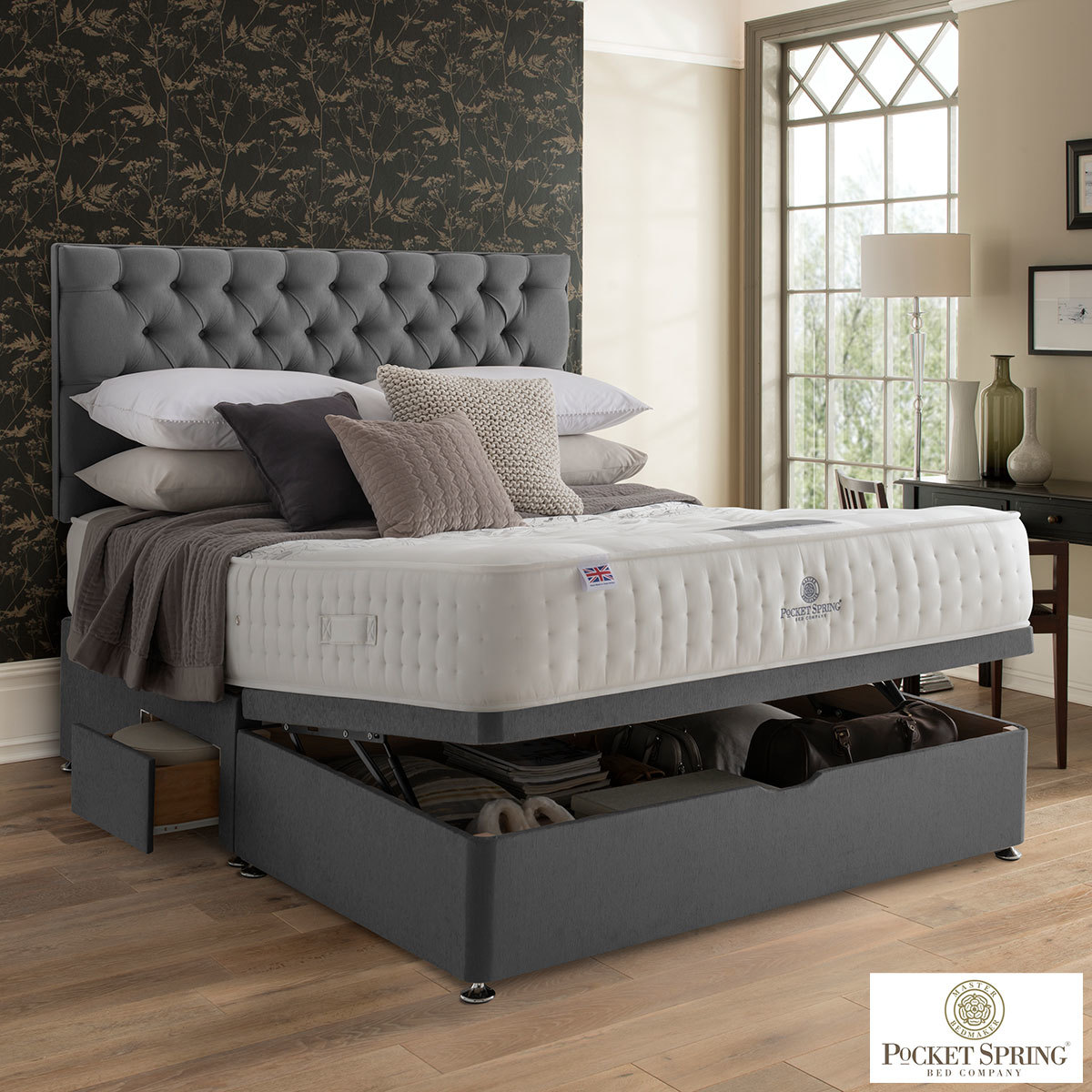 Pocket Spring Bed Company Pemberley Mattress & Grey Half Ottoman Divan, Super King Costco UK