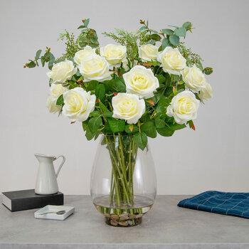 Artificial White Roses and Mixed Foliage in Glass Vase