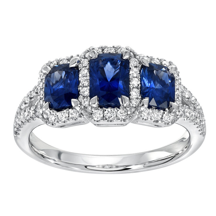 Radiant Cut Blue Sapphire and 0.29ctw Diamond Ring, 18ct White Gold ...
