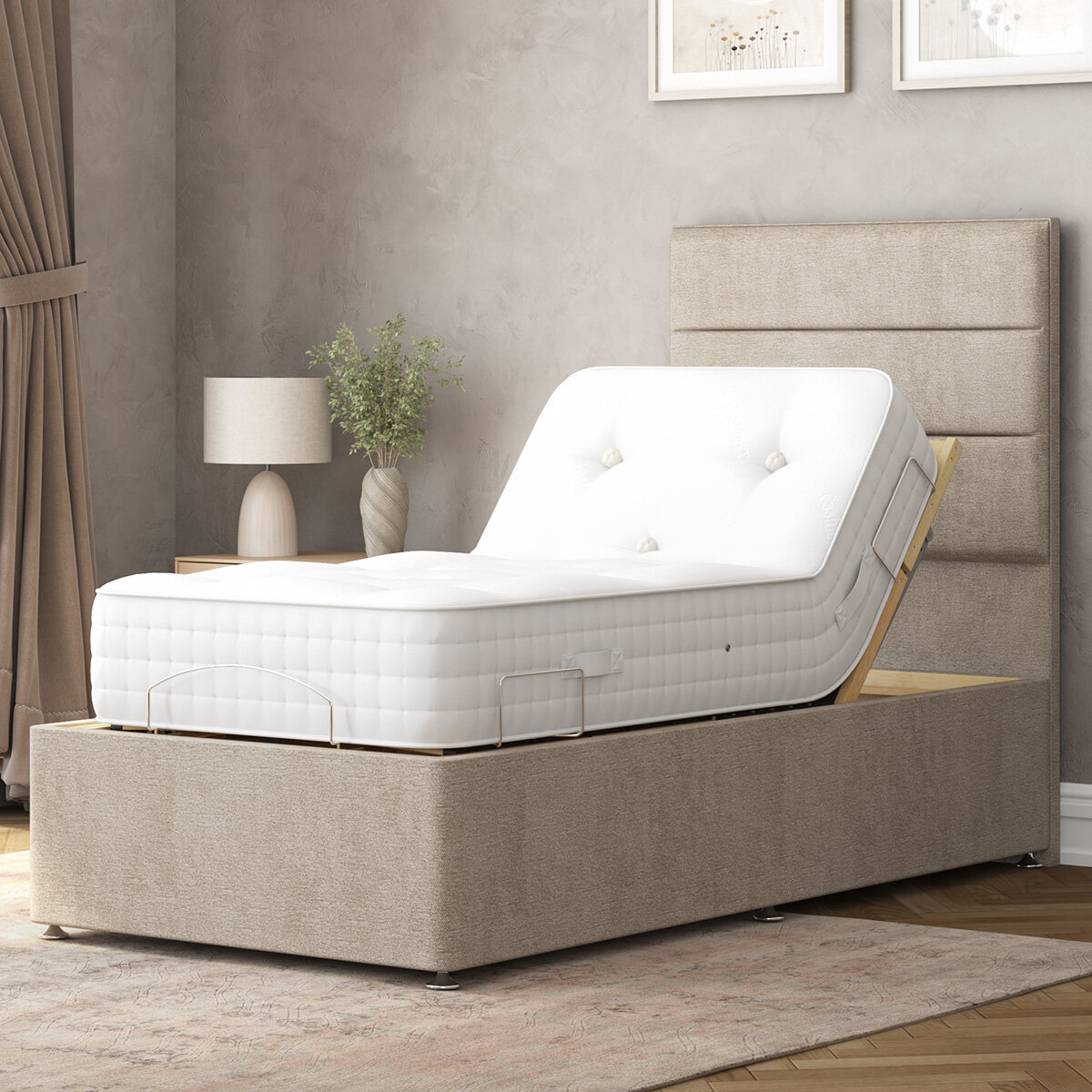 Highgrove Radnor Taupe Fabric Electric Adjustable Bed Frame with 1000 Spring Count Long Single Mattress in 2 Firmness Ratings