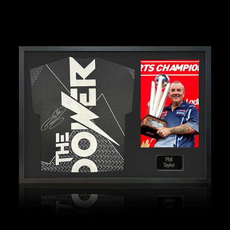 Phil Taylor Signed Framed Darts Shirt including 1 Photo in 2 Options: White or Black Mount