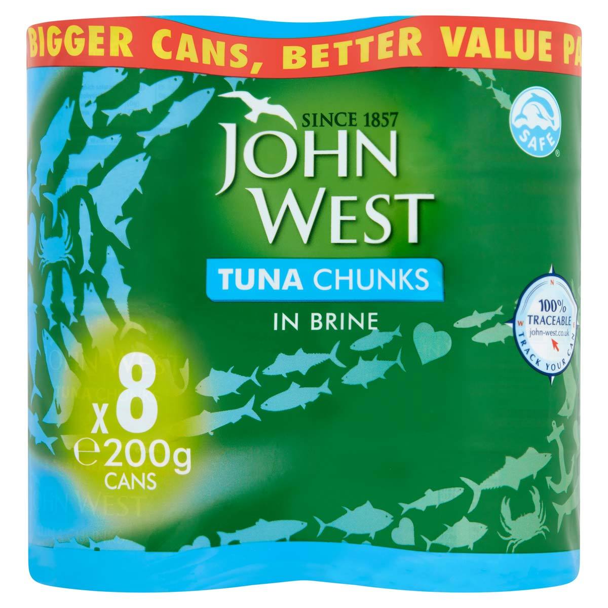Front on shot of 8 200g tun tins wrapped in green and blue plastic