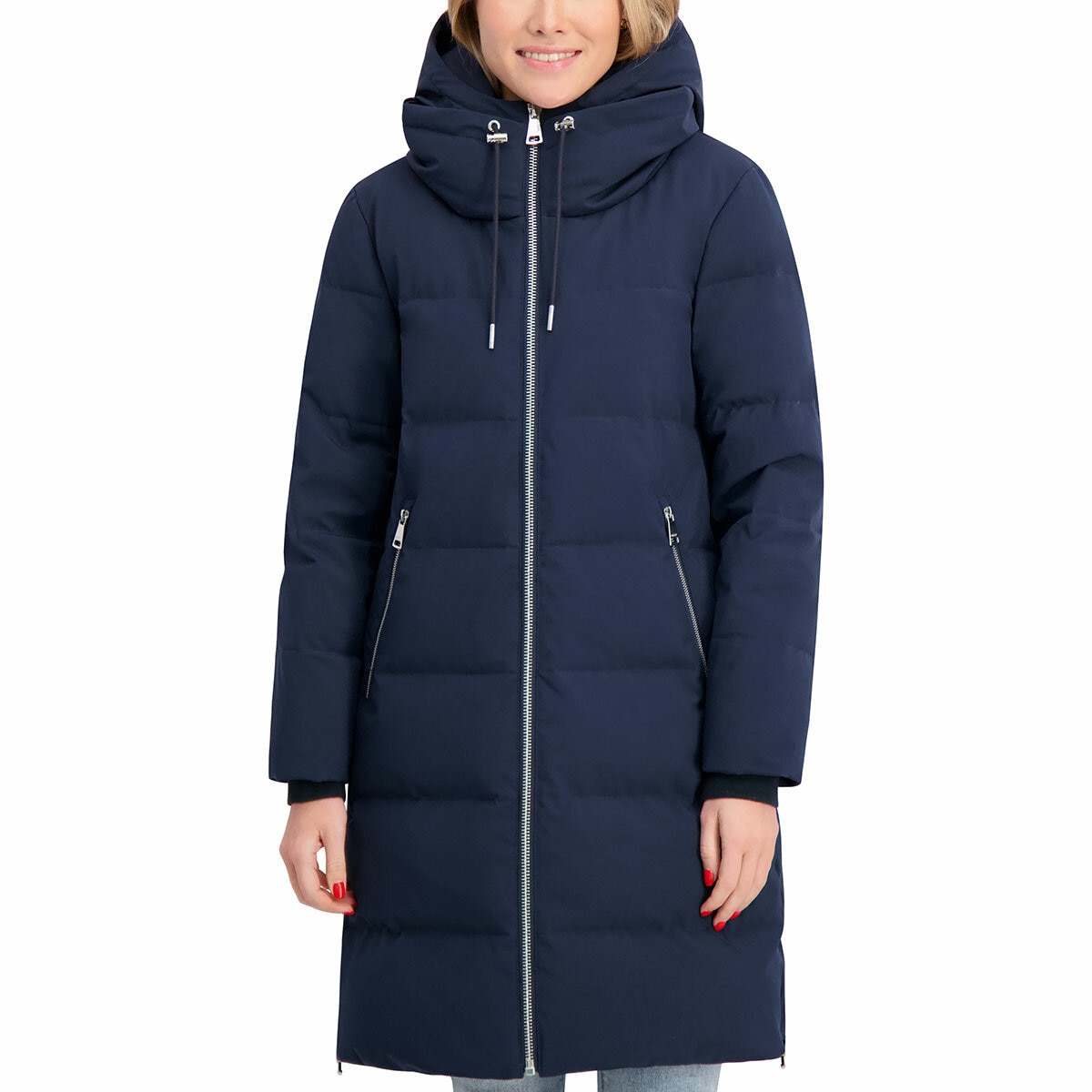 DKNY Ladies Long Down Coat with Hood in Navy