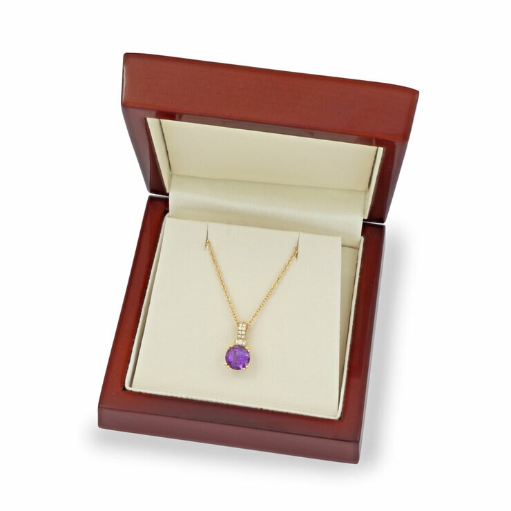 Round Cut Amethyst & 0.09ctw Diamond Pendant, 18ct Yellow Gold