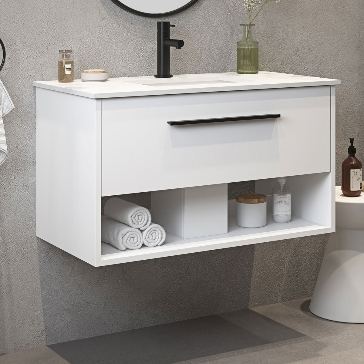 Close up angled lifestyle image of OVE Camila 910mm in matte white