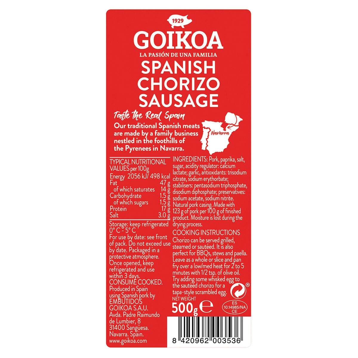 Back of pack for 500g Pack of Goikoa Spanish Cookng Chorizo