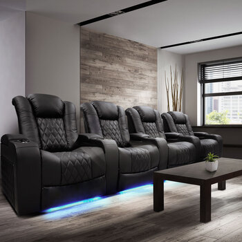 Valencia Tuscany Row of 4 Black Leather Power Reclining Home Theatre Seating