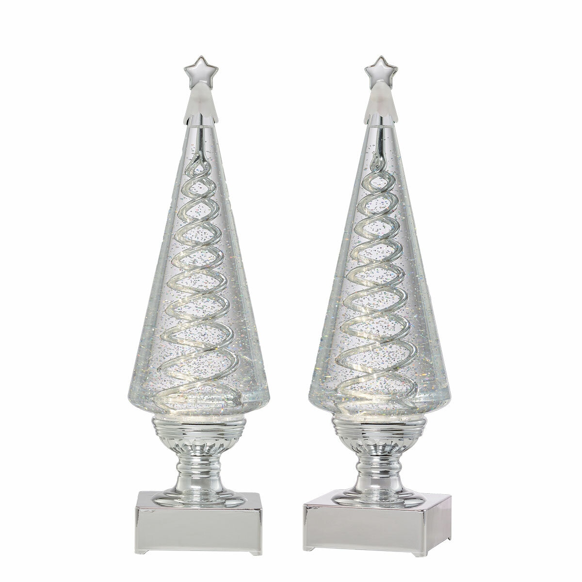 14 inch Lighted Spinning Spiral Glitter Trees in Silver - Set of 2