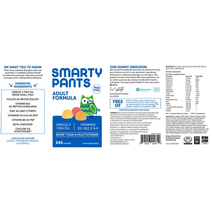 SmartyPants Adult Formula Multivitamin Gummies, 240 Tablets Costco UK