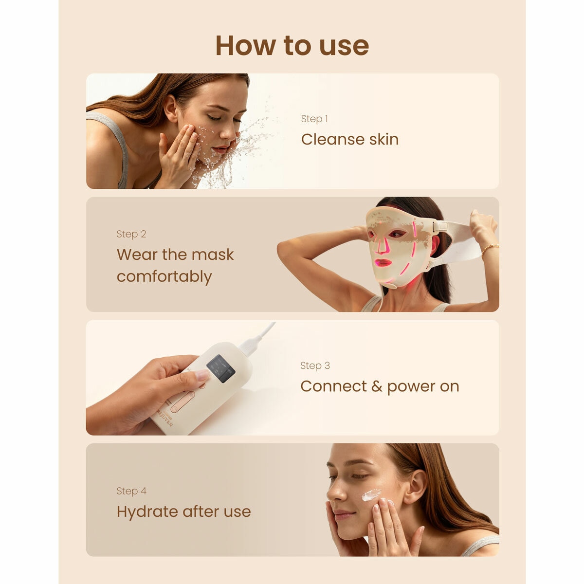 Lifestyle image of how to use Renpho Artimis Blush Light Mask