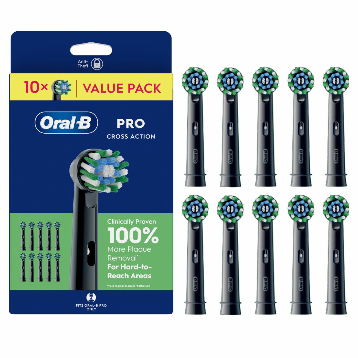 Front profile of Oral-B Pro Cross Action 10 Pack in Black with packaging