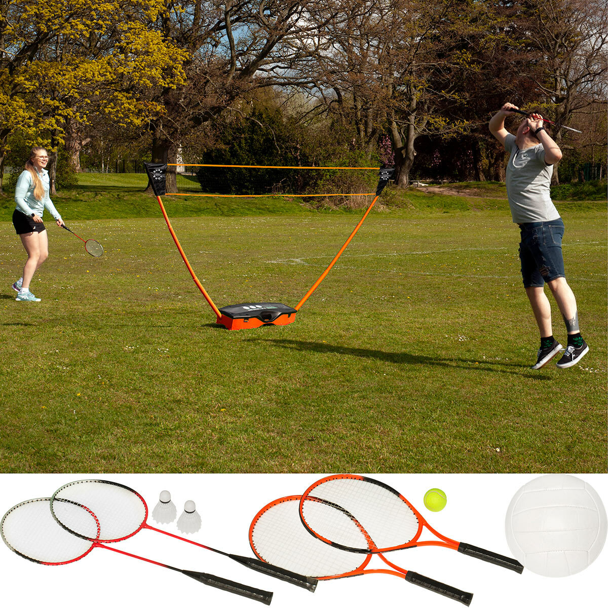 Lifestyle image showing two people playing badminton, as well as images of the included rackets, shuttlecocks, volleyball and tennis ball