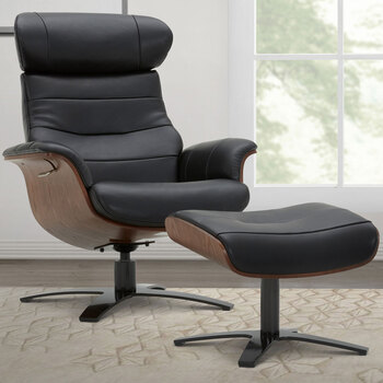 Gilman Creek Karma Black Top Grain Leather Swivel Chair with Ottoman