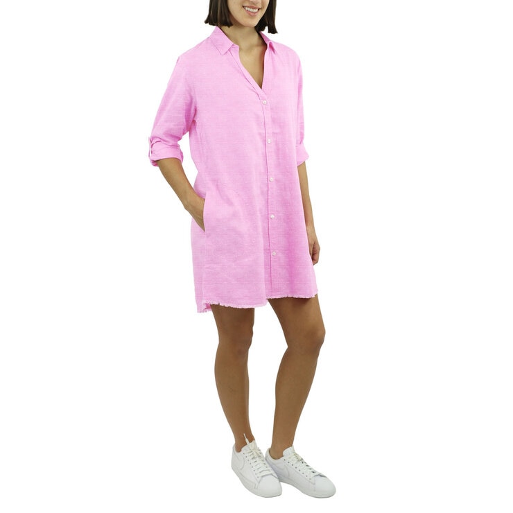Jachs Ladies Roll Sleeve Linen Blend Dress in Pink