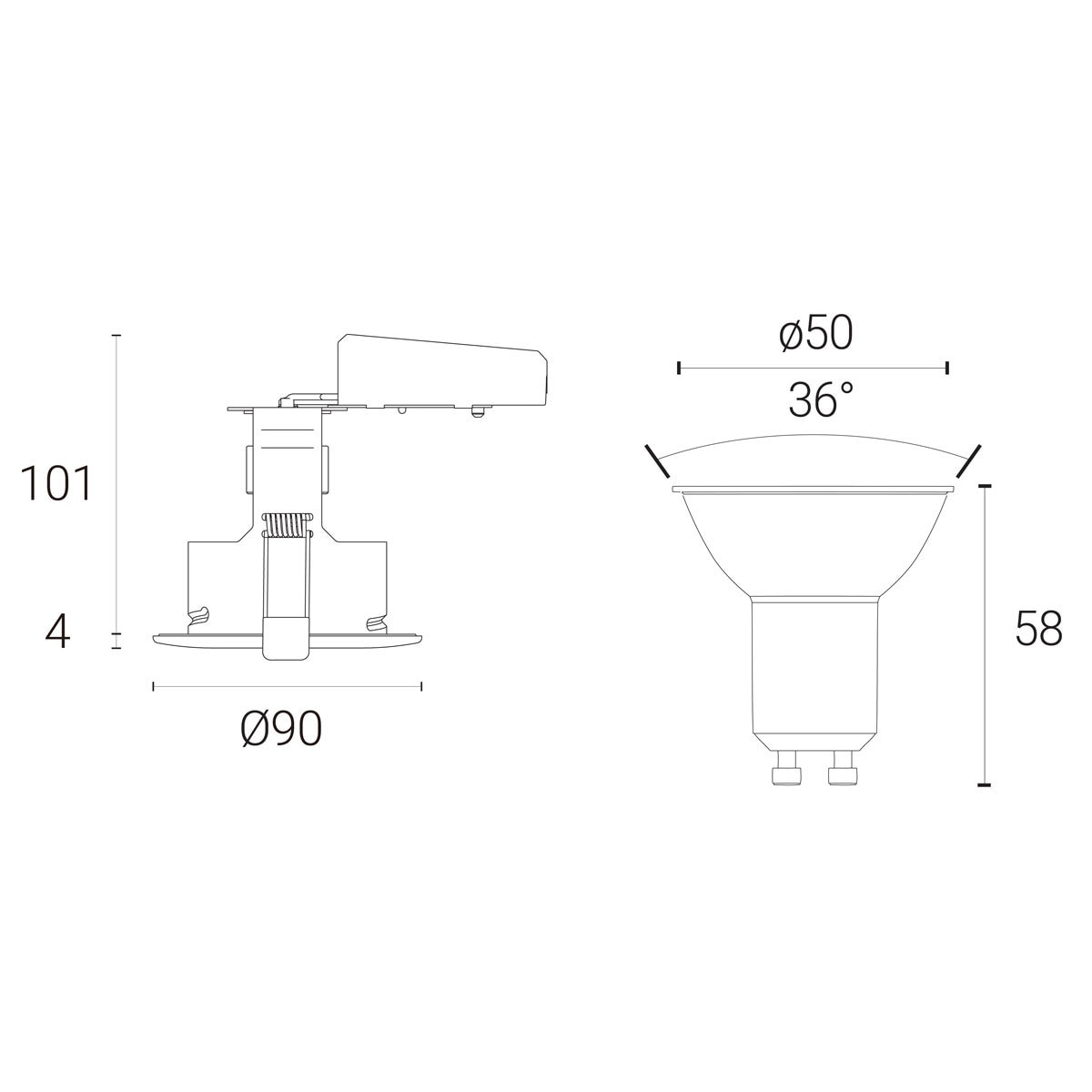 Line drawing of light on white background with dimensions