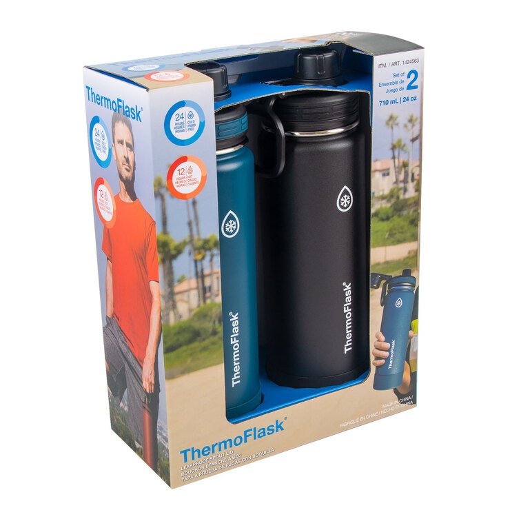 ThermoFlask Autospout Stainless Steel Double Wall Vacuum Insulated 710ml Bottles, 2 Pack in Teal and Black ThermoFlask Autospout Stainless Steel Double Wall Vacuum Insulated 710ml Bottles, 2 Pack in Teal and Black