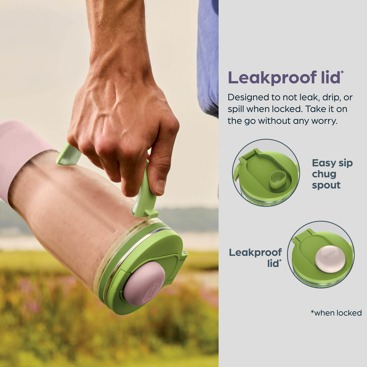 Lifestyle image of Ninja BlendBoss Tumbler with leakproof lid when locked Lifestyle image of Ninja BlendBoss Tumbler with leakproof lid when locked