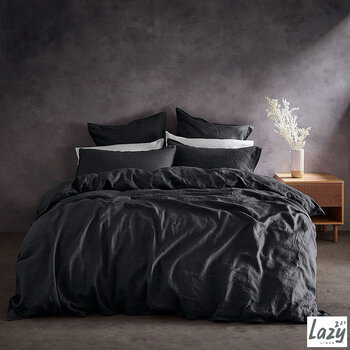 Lazy Linen 100% Washed Linen Charcoal Duvet Cover & Pillowcase Set in 4 Sizes 