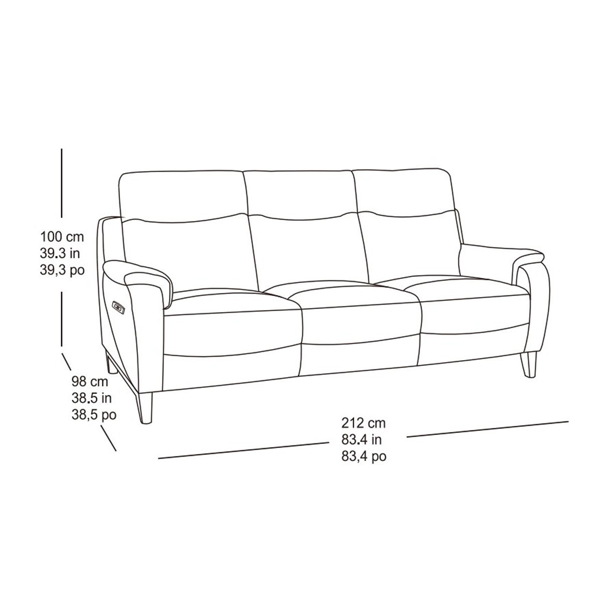 Line drawing of Kuka Leather Power 3 Seater Sofa