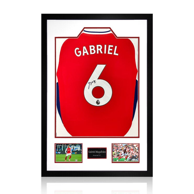 Gabriel Magalhães Signed Framed Arsenal 24/25 Football Shirt including 2 Photos Gabriel Magalhães Signed Framed Arsenal 24/25 Football Shirt including 2 Photos