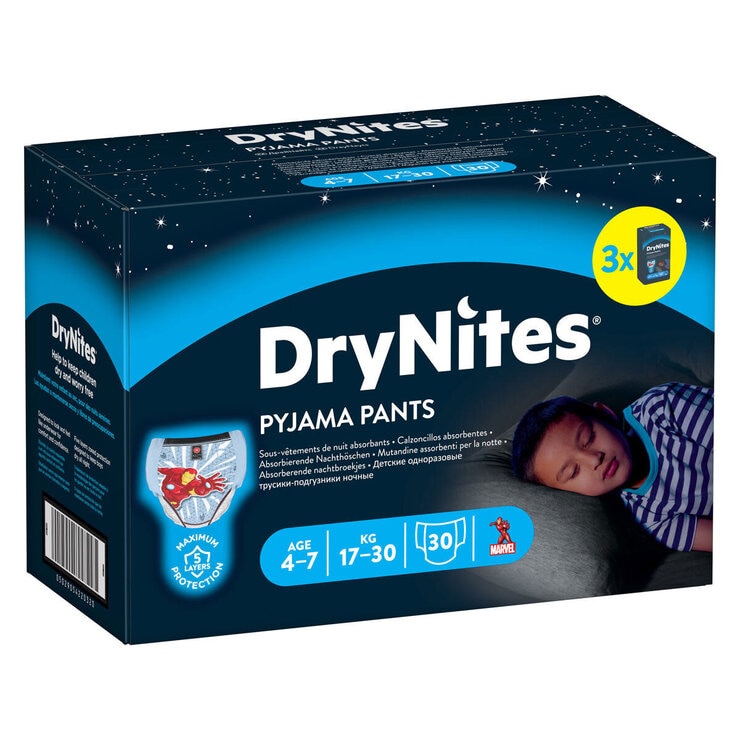 Huggies DryNites Pyjama Pants for Boys Years 4-7, 30 Pack Huggies DryNites Pyjama Pants for Boys Years 4-7, 30 Pack
