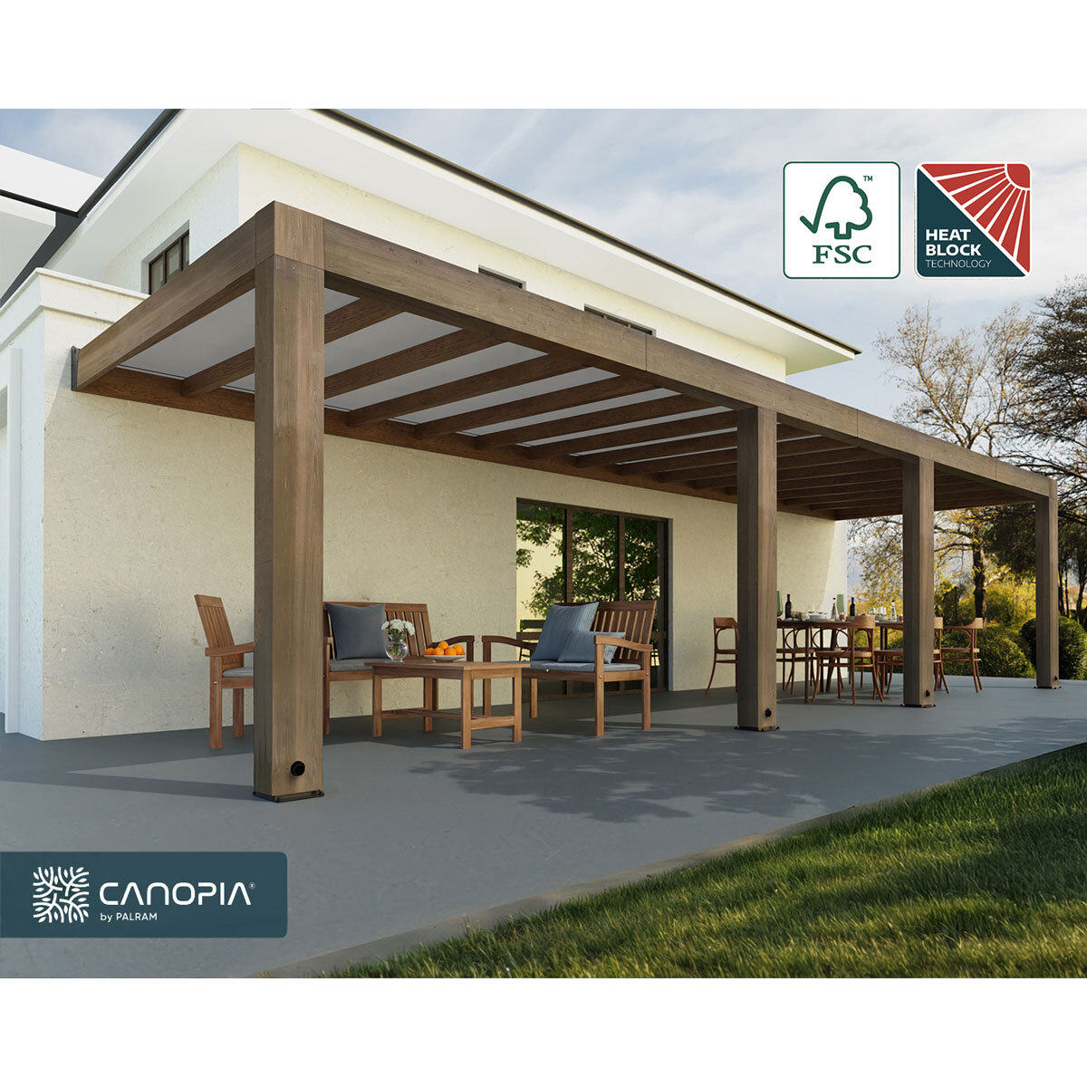 Palram Canopia Helsinki 9ft 10" x 32ft 6" (3m x 9.9m) Cedar Wood Patio Cover
