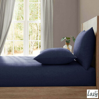  Lazy Linen 100% Washed Linen Navy Fitted Sheet in 4 Sizes
