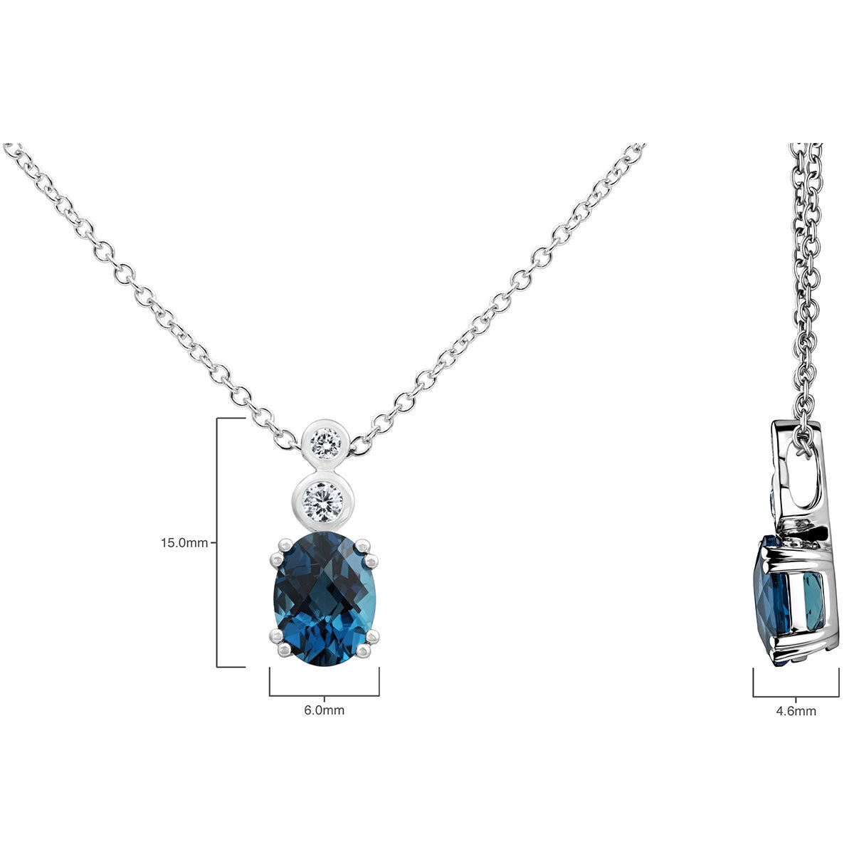 Oval Cut London Blue Topaz & 0.10ctw Diamond Pendant, 18ct White Gold