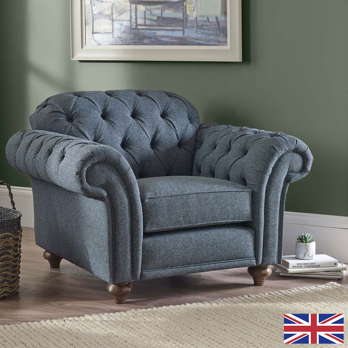 Bordeaux Button Back Blue Fabric Armchair