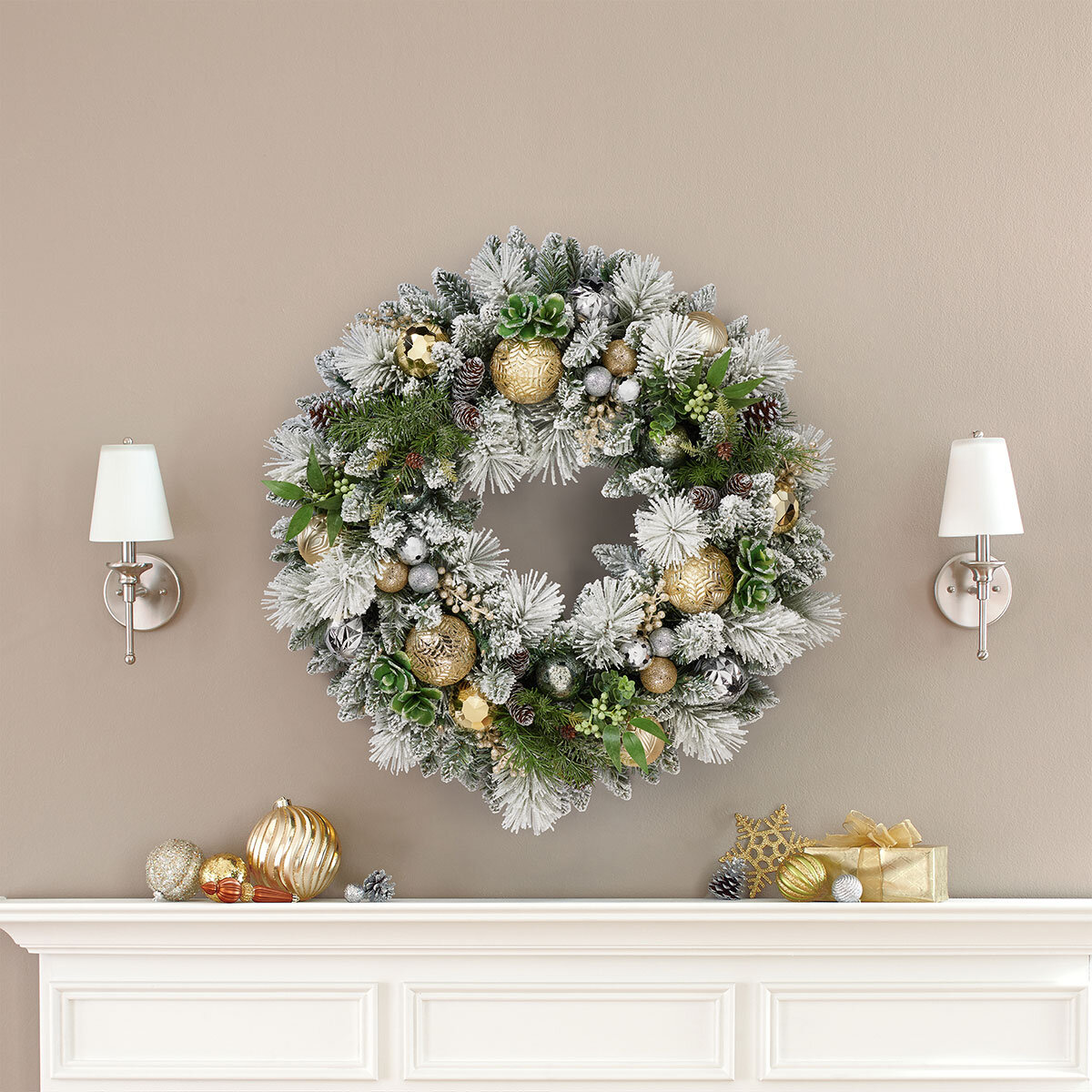 32 Inch Flocked Pre-Lit Decorated Christmas Wreath with 50 Warm White LED Lights