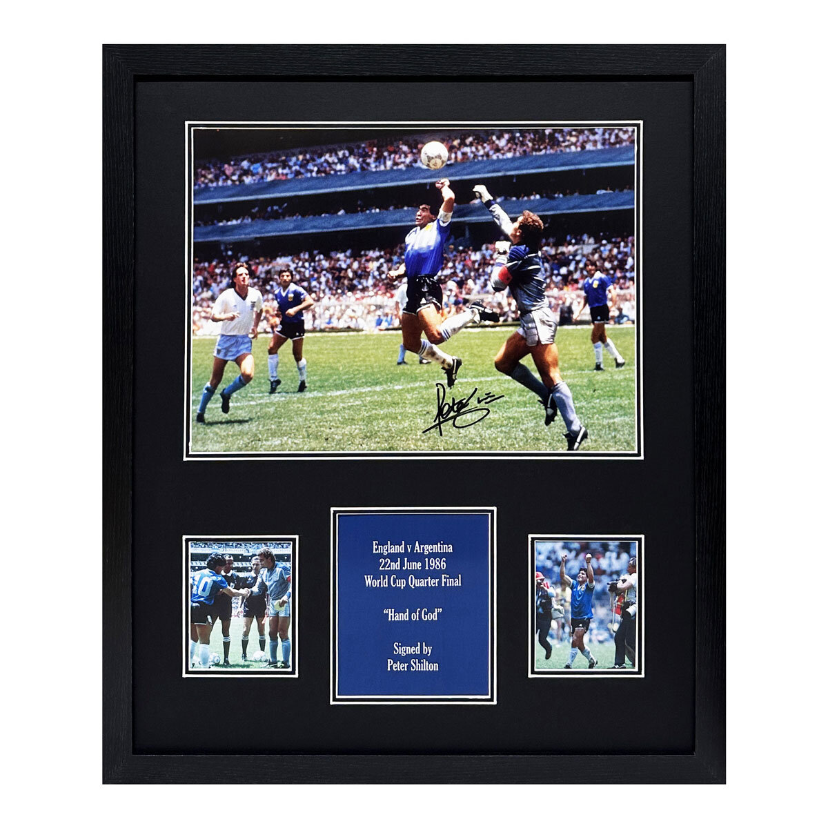 Peter Shilton Signed Framed 'Hand of God' Photograph