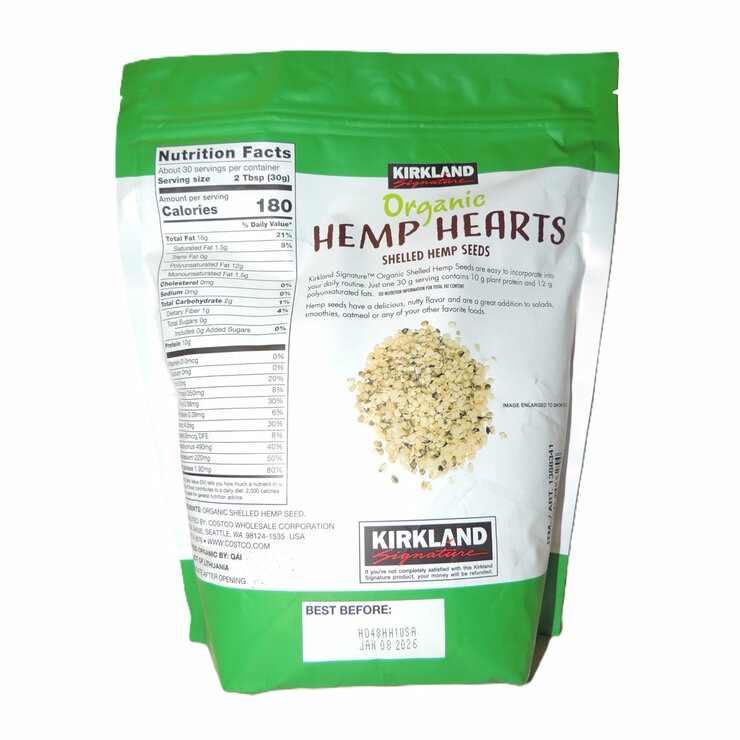 Back of pack Kirkland Signature Organic Hemp Hearts, 907g