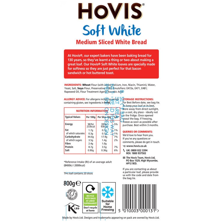 Hovis Soft Medium White Sliced, 800g