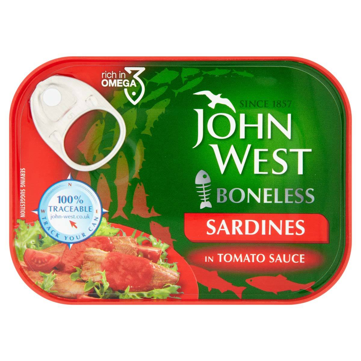 Front on image of x1 John West Boneless Sardine Tin