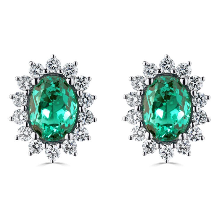 Oval Cut Lab Emerald & 0.53ctw Diamond Earrings, 18ct White Gold Oval Cut Lab Emerald & 0.53ctw Diamond Earrings, 18ct White Gold