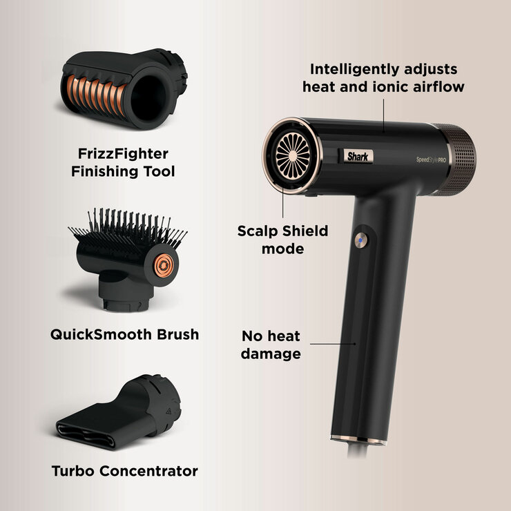 Lifestyle image of Shark SpeedStyle Pro 3-in-1 High-Velocity Hair Dryer System showing attachments