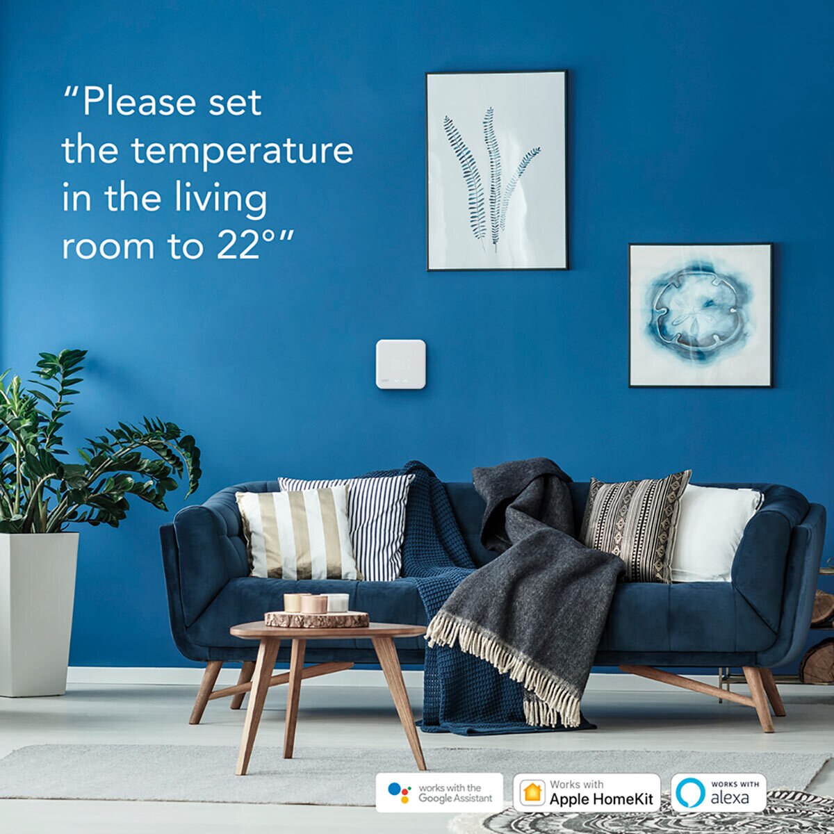 Lifestyle image of smart thermostat in living room setting