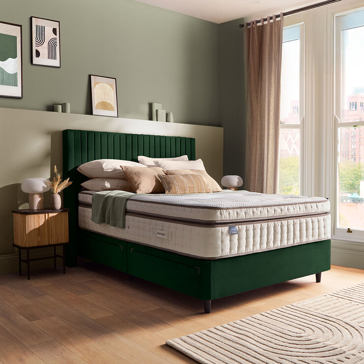 Silentnight Velvet 4 Drawer Divan Base with Slumber Headboard in Rainforest & 3 Sizes