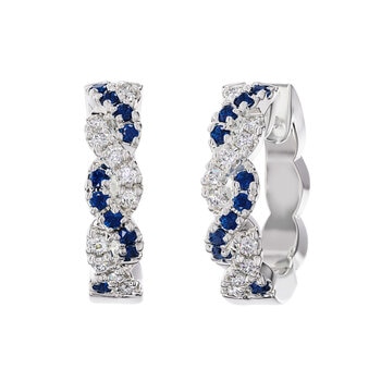 Round Cut Blue Sapphire & 0.18ctw Diamond Hoop Earrings, 14ct White Gold