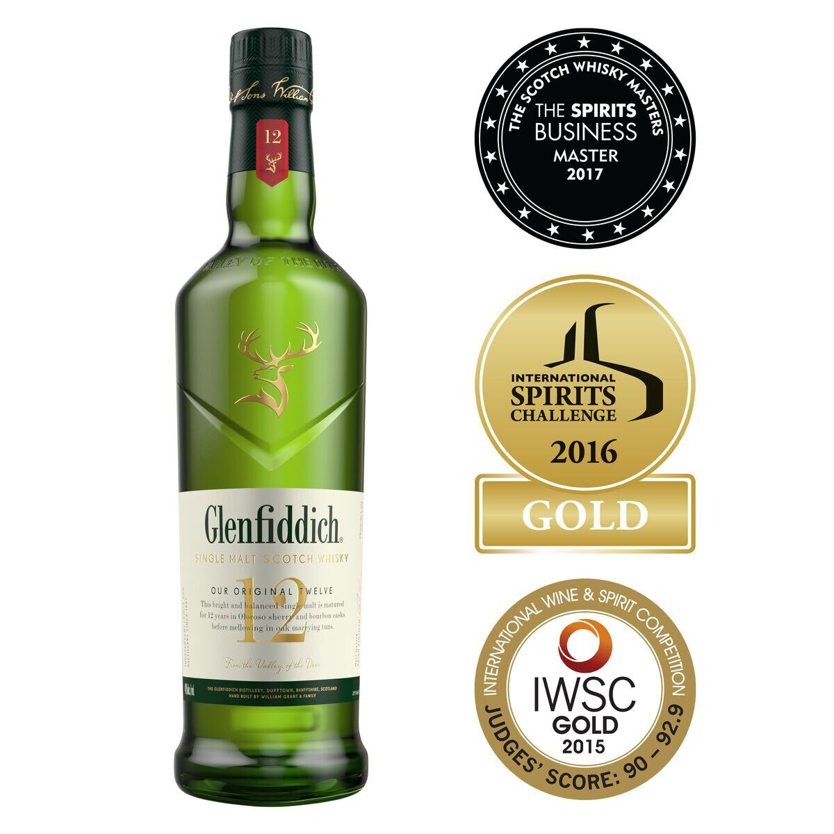 Cut out image of Glenfiddich bottle on white background with awards