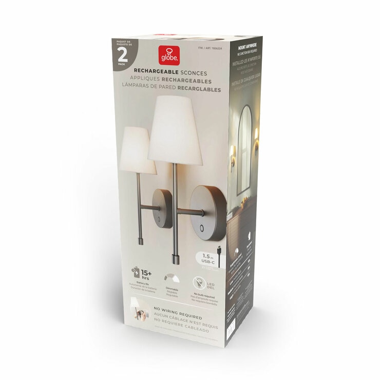 Globe Electric Wireless Rechargeable LED Integrated Wall Sconce, 2 Pack in 2 Colours