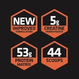 Four hexagonal shapes with information regarding the USN Muscle Fuel