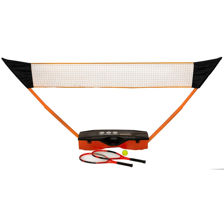 Studio image of the net adjusted for tennis, two tennis rackets and tennis ball