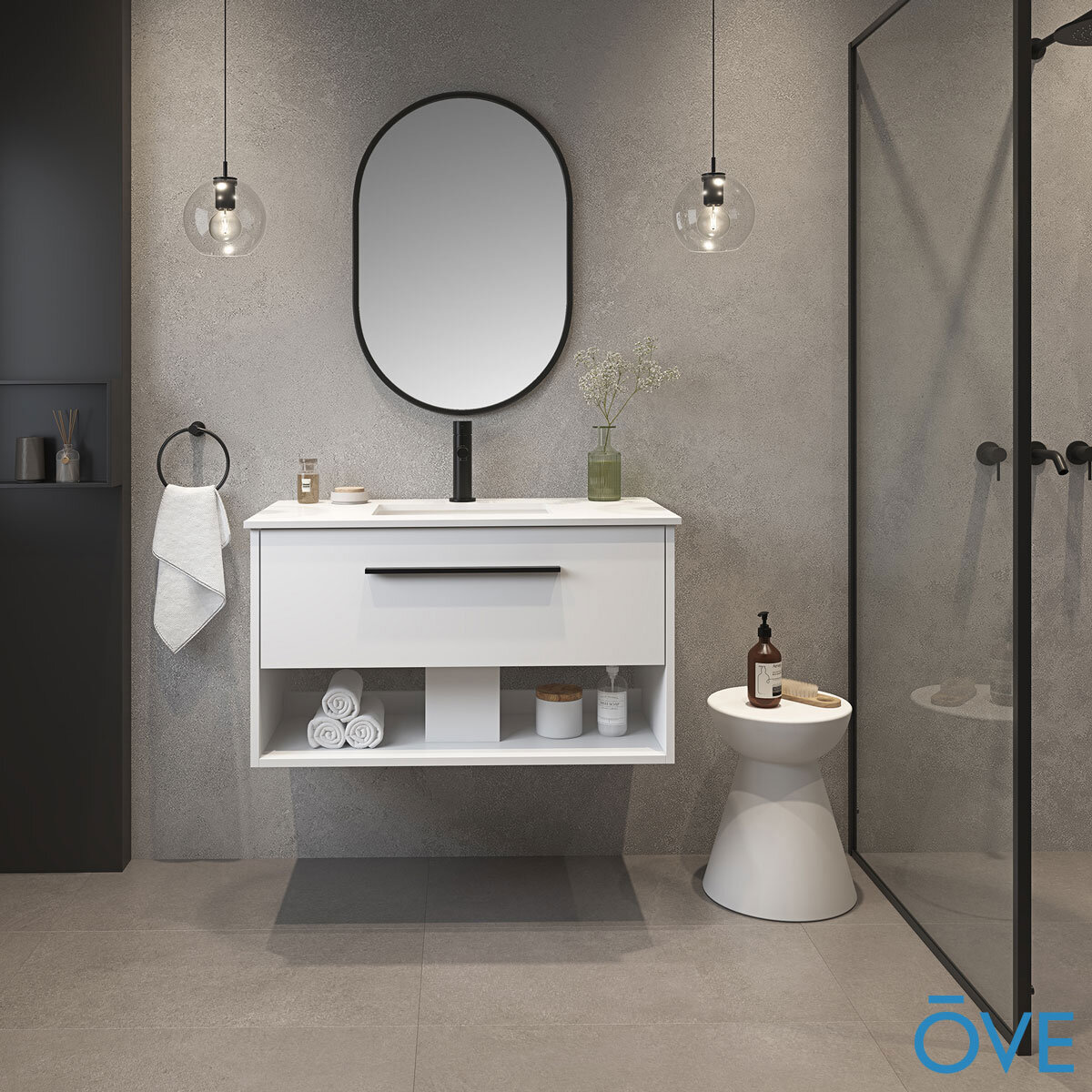 Lifestyle front facing of OVE Camila 910mm in matte white